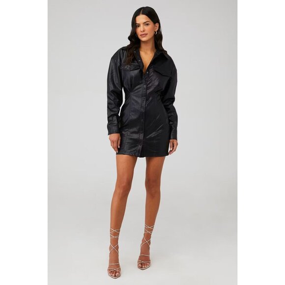 Line & Dot Lou Faux Leather Mini Dress in Black Small Womens Vegan Shirtdress - Picture 13 of 13